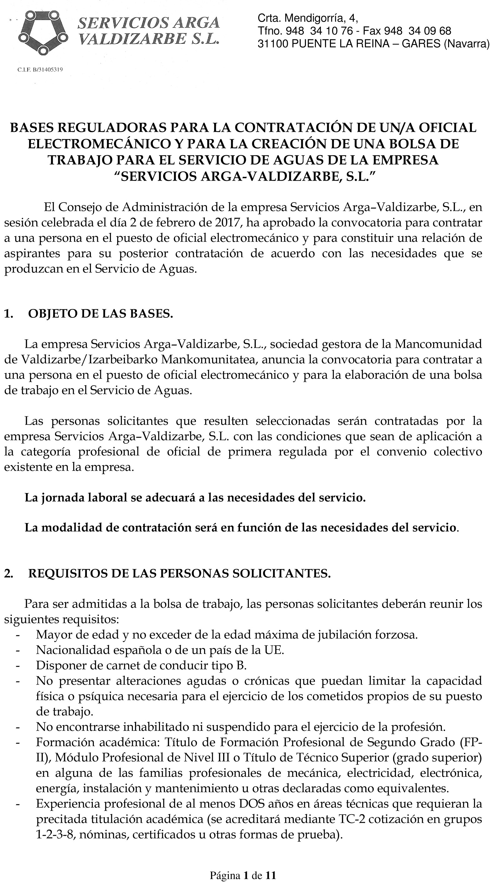 REGULATORY BASES FOR THE CONTRACTING OF AN ELECTRICAL OFFICER AND FOR THE CREATION OF A LABOR BAG FOR THE WATER SERVICE OF THE COMPANY “SERVICIOS ARGA-VALDIZARBE, S.L.”