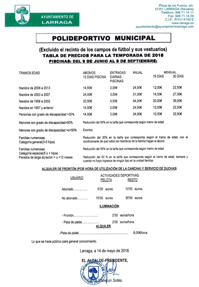 PRICE TABLE FOR THE POLIDEPORTIVO: SUMMER 2018