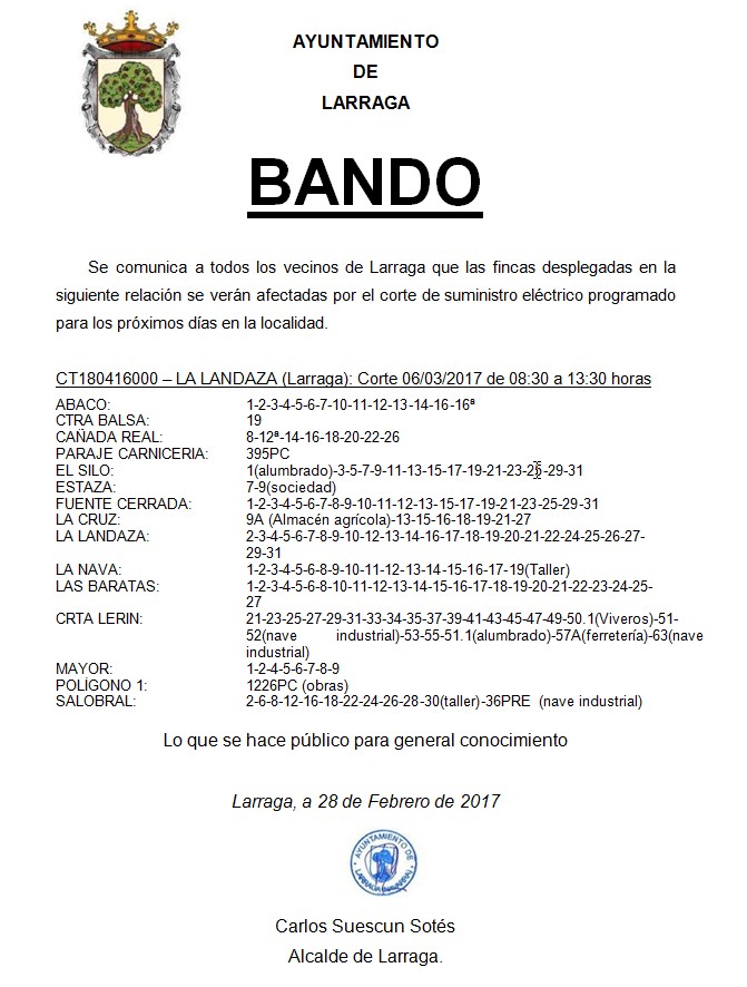 CORTE DE SUMINISTRO ELÉCTRICO 06/03/2017 DE 08:30 A 13:30 HORAS